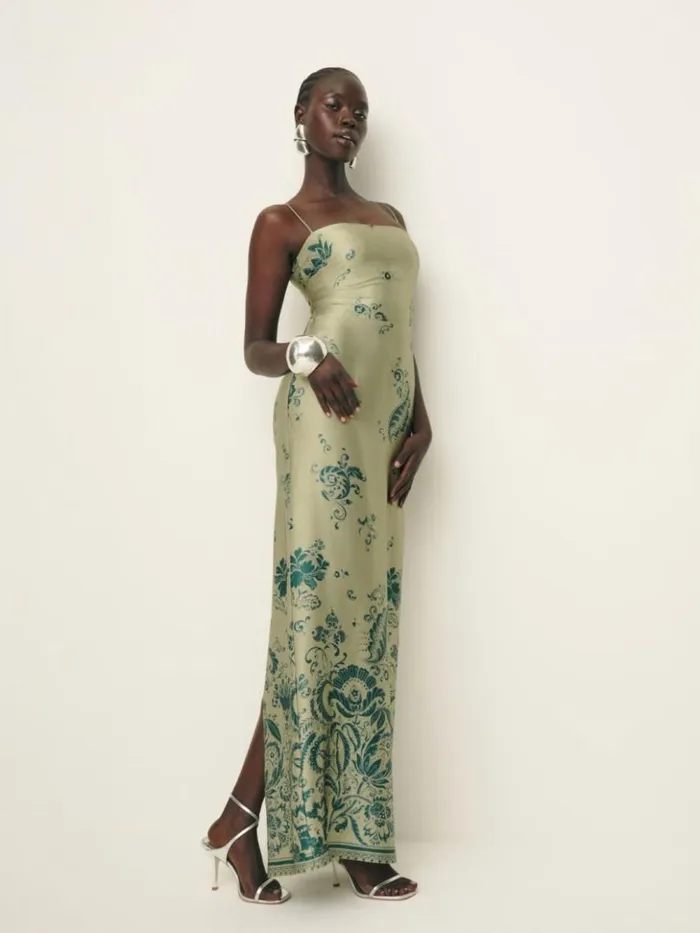 ClothingWeddings The Reformation Petites Frankie Silk Dress Sage Border