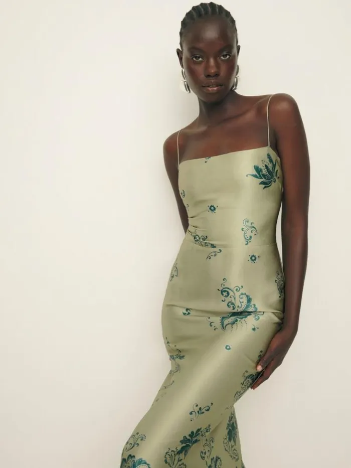 ClothingWeddings The Reformation Petites Frankie Silk Dress Sage Border
