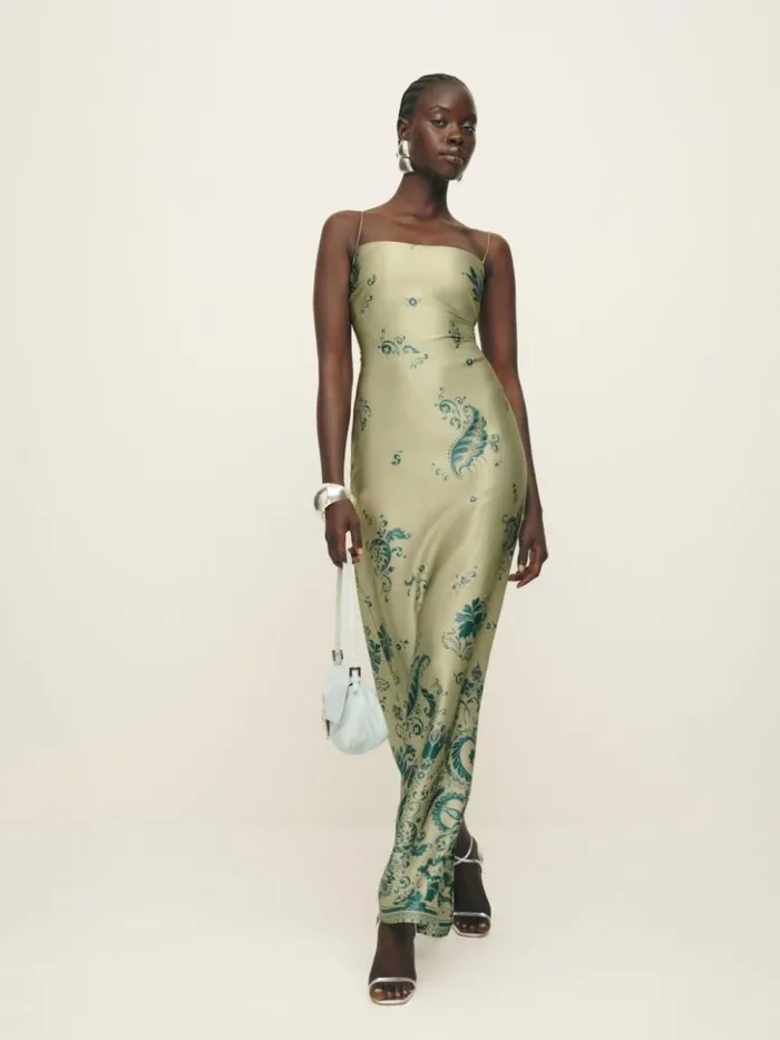 ClothingWeddings The Reformation Petites Frankie Silk Dress Sage Border