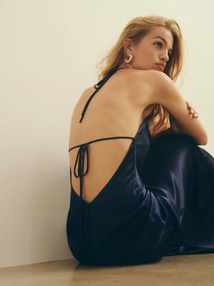 ClothingWeddings The Reformation Petites Jeany Silk Dress Navy