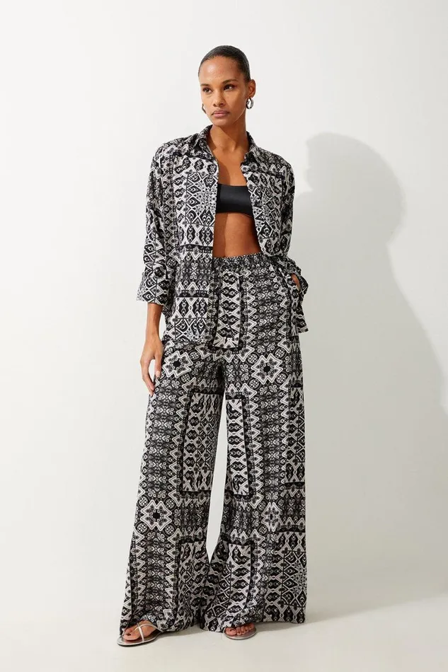 CoOrds Women Karen Millen Tile Print Spun Viscose Beach Trousers Mono