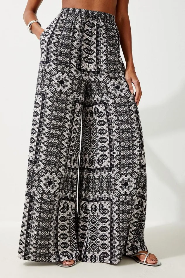 CoOrds Women Karen Millen Tile Print Spun Viscose Beach Trousers Mono