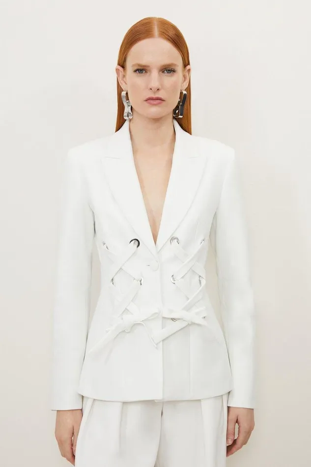 Coats and Jackets Women Karen Millen Compact Stretch Eyelet Detailed Ribbon Jacket Ivory Coats and Jackets Women Karen Millen Compact Stretch Eyelet Detailed Ribbon Jacket Ivory