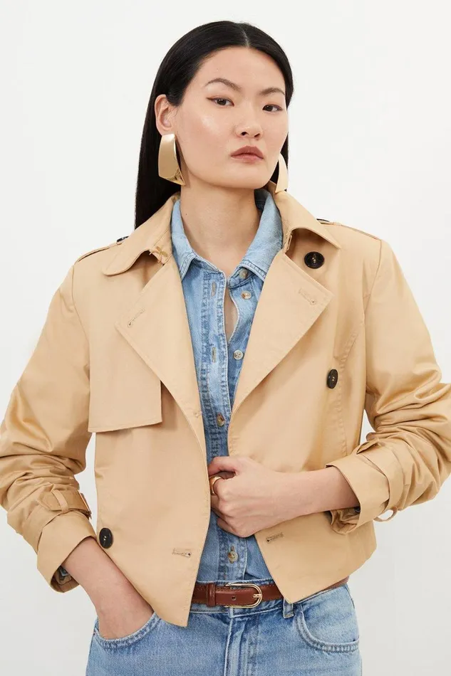 Coats and Jackets Women Karen Millen Crop Classic Belted Tailored Trench Coat Camel