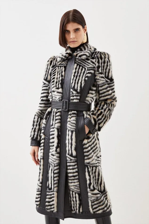 Coats and Jackets Women Karen Millen Faux Fur Pu Panelled Stripe Belted Coat Multi Coats and Jackets Women Karen Millen Faux Fur Pu Panelled Stripe Belted Coat Multi