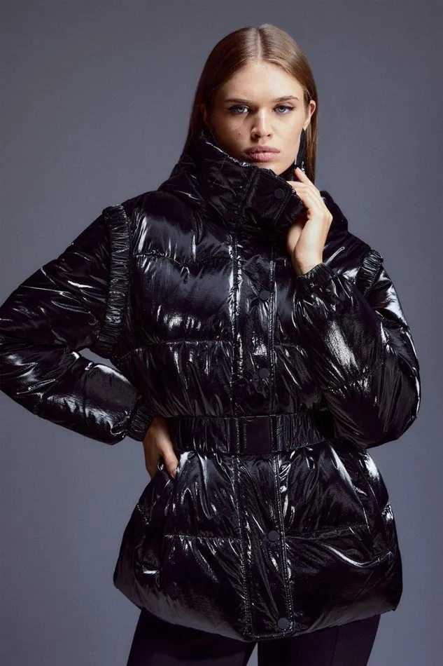 Coats and Jackets Women Karen Millen High Shine Hooded Detachable Puffer Coat Black