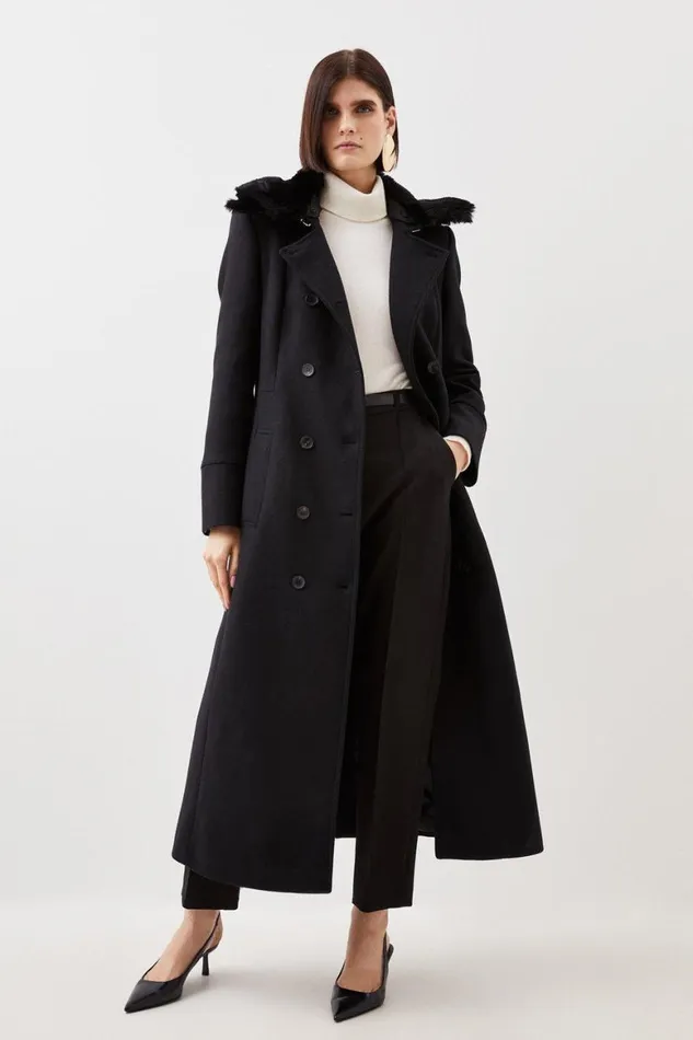 Coats and Jackets Women Karen Millen Italian Manteco Wool Blend Faux Fur Collar Coat Black Coats and Jackets Women Karen Millen Italian Manteco Wool Blend Faux Fur Collar Coat Black