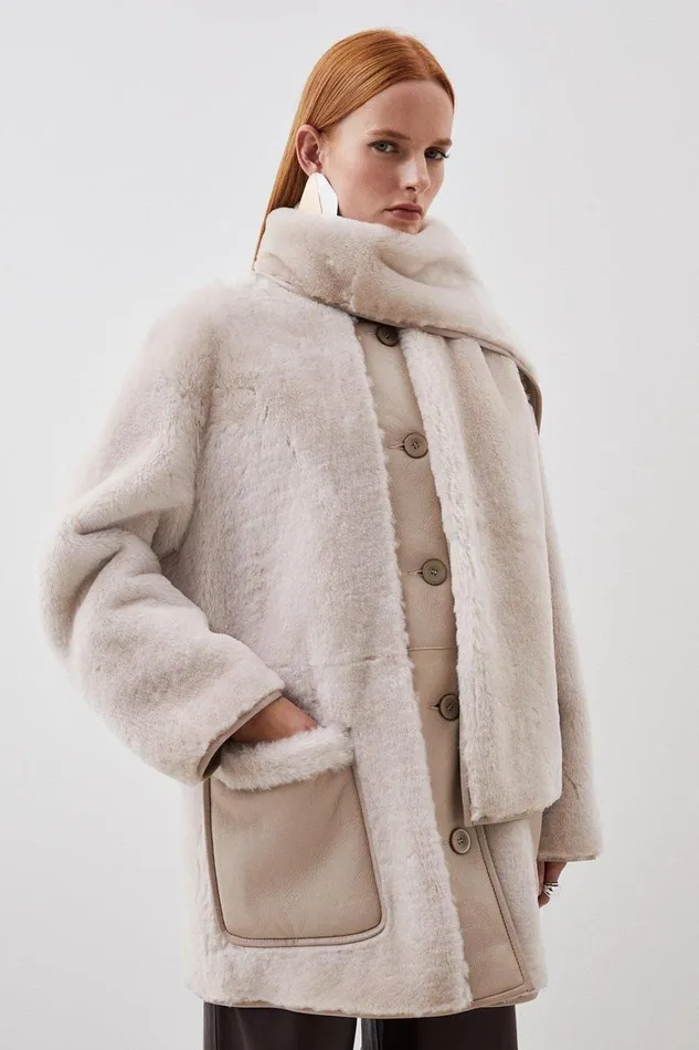Coats and Jackets Women Karen Millen Italian Reversible Shearling Detachable Scarf Detail Coat Cream Coats and Jackets Women Karen Millen Italian Reversible Shearling Detachable Scarf Detail Coat Cream