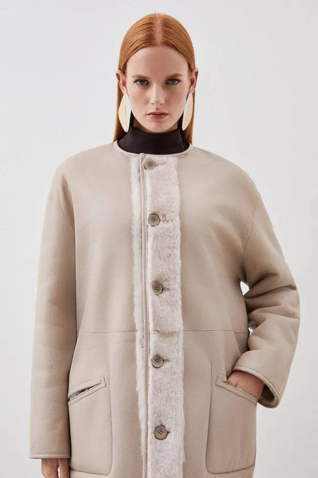 Coats and Jackets Women Karen Millen Italian Reversible Shearling Detachable Scarf Detail Coat Cream