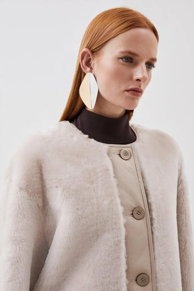 Coats and Jackets Women Karen Millen Italian Reversible Shearling Detachable Scarf Detail Coat Cream