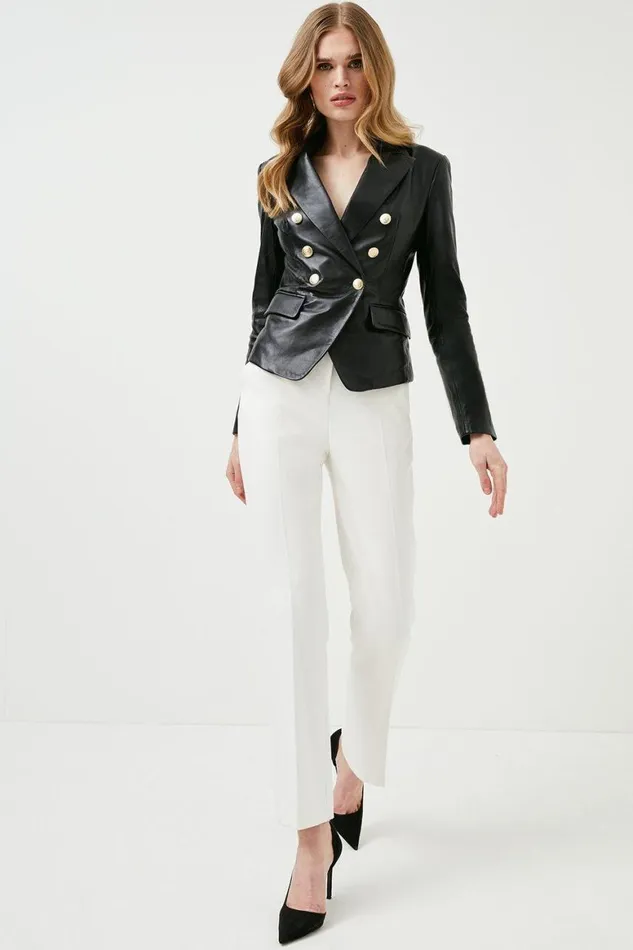 Coats and Jackets Women Karen Millen Leather Gold Button Blazer Black