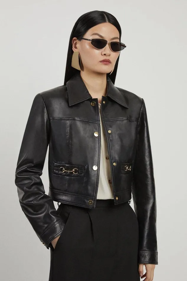 Coats and Jackets Women Karen Millen Leather Snaffle Trim Jacket Black