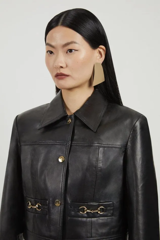 Coats and Jackets Women Karen Millen Leather Snaffle Trim Jacket Black