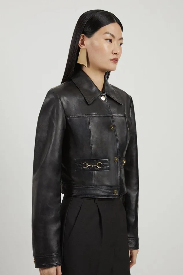 Coats and Jackets Women Karen Millen Leather Snaffle Trim Jacket Black