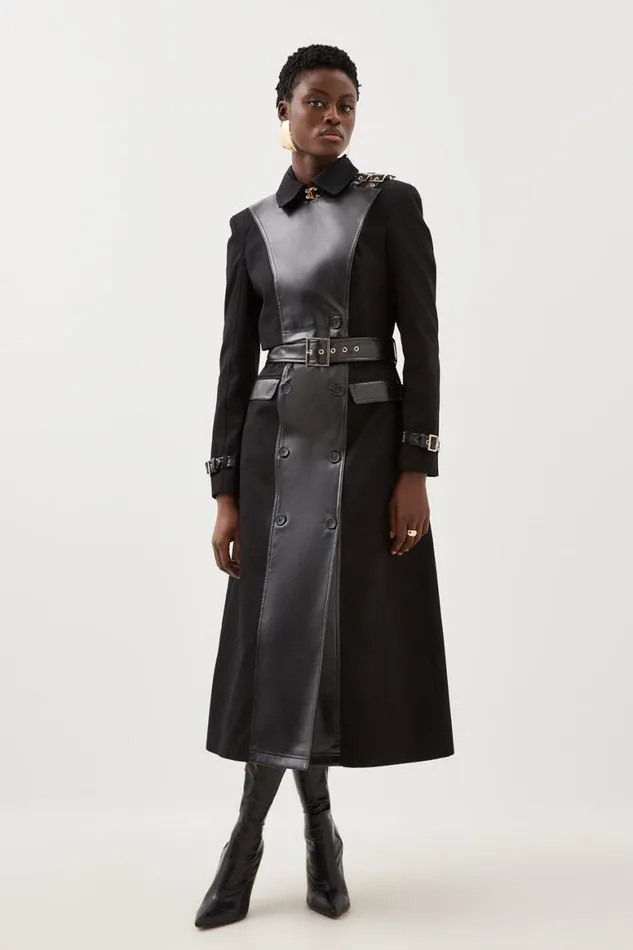 Coats and Jackets Women Karen Millen Pu Detail Belted Cotton Maxi Trench Coat Black Coats and Jackets Women Karen Millen Pu Detail Belted Cotton Maxi Trench Coat Black