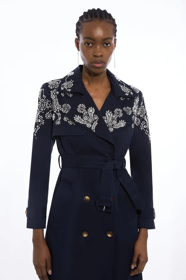 Coats and Jackets Women Karen Millen Tailored Crystal Embellished Belted Trench Coat Navy Coats and Jackets Women Karen Millen Tailored Crystal Embellished Belted Trench Coat Navy