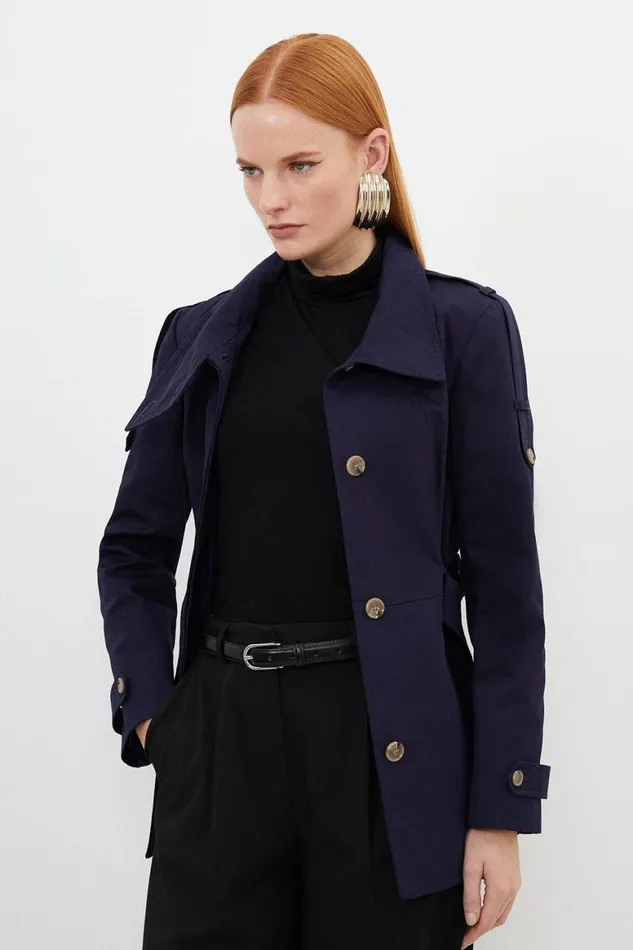 Coats and Jackets Women Karen Millen Tailored High Neck Belted Short Trench Coat Navy Coats and Jackets Women Karen Millen Tailored High Neck Belted Short Trench Coat Navy