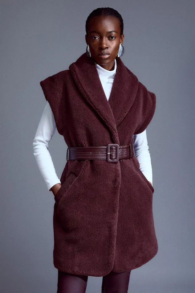 Coats and Jackets Women Karen Millen Teddy Borg Sleeveless Belted Gilet Burgundy Coats and Jackets Women Karen Millen Teddy Borg Sleeveless Belted Gilet Burgundy