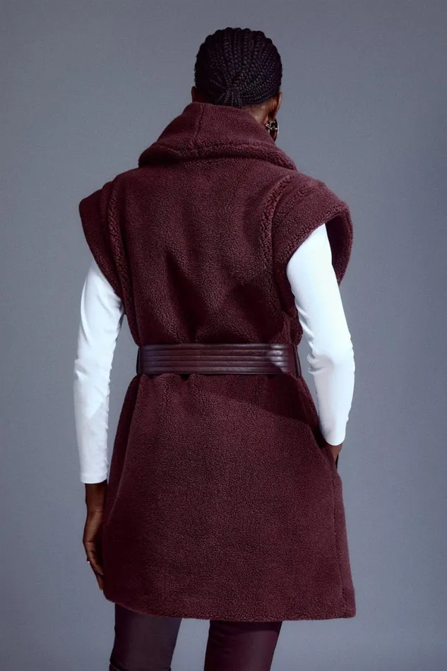 Coats and Jackets Women Karen Millen Teddy Borg Sleeveless Belted Gilet Burgundy