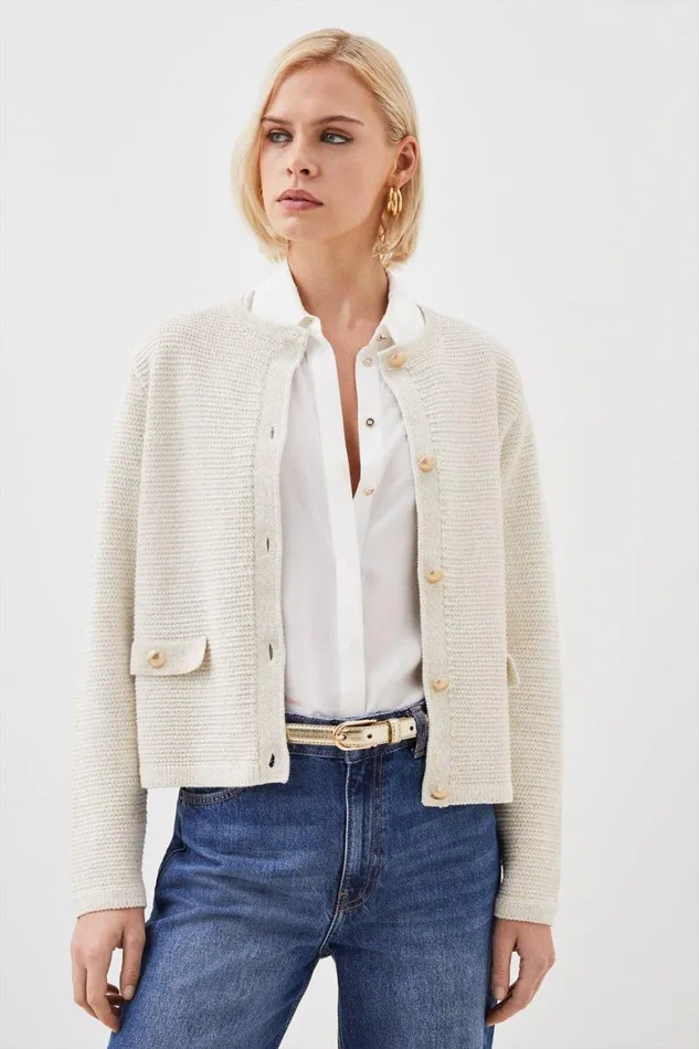 Coats and Jackets Women Karen Millen Textured Sparkle Knit Trim Jacket Gold