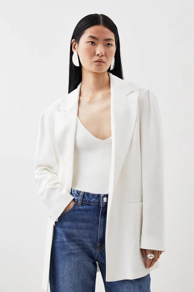 Coats and Jackets Women Karen Millen Viscose Satin Back Crepe Tailored Single Breasted Blazer Ivory Coats and Jackets Women Karen Millen Viscose Satin Back Crepe Tailored Single Breasted Blazer Ivory