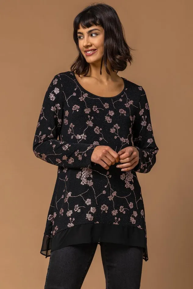 Copper Shimmer Floral Print Top Women Roman Tops