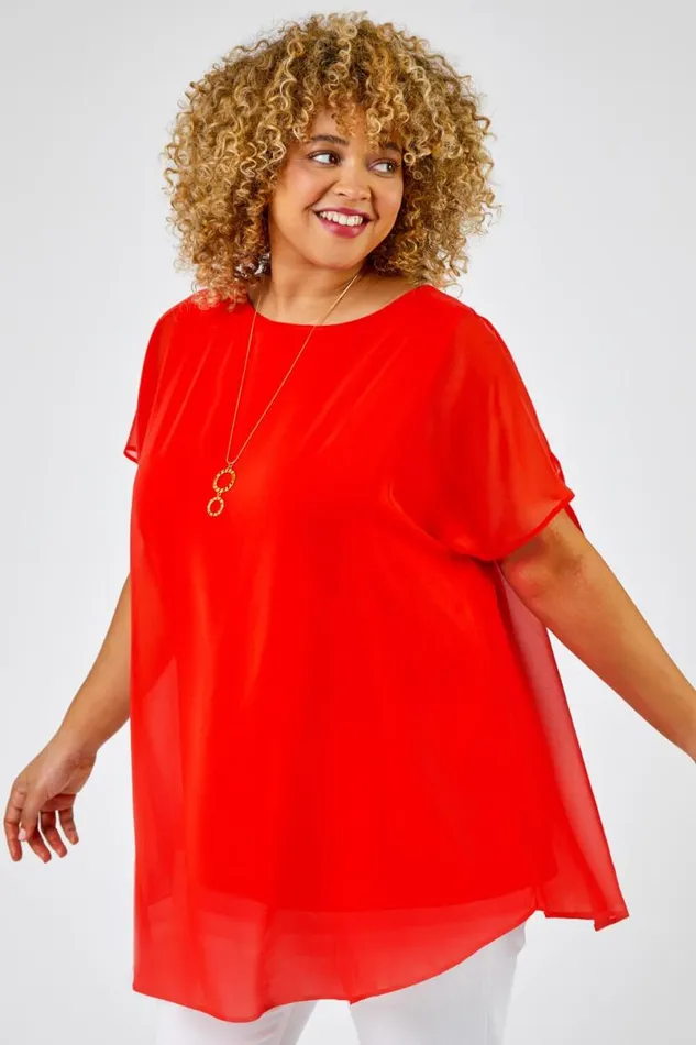 Coral Curve Chiffon Overlay Top With Necklace Women Roman Tops