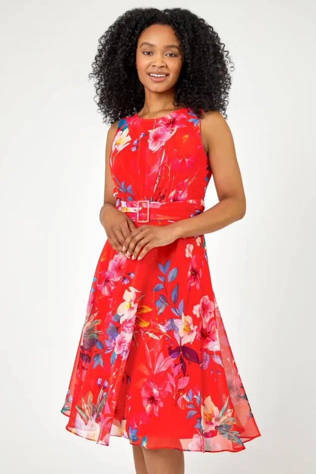 Coral Petite Floral Print Buckle Detail Dress Women Roman Dresses