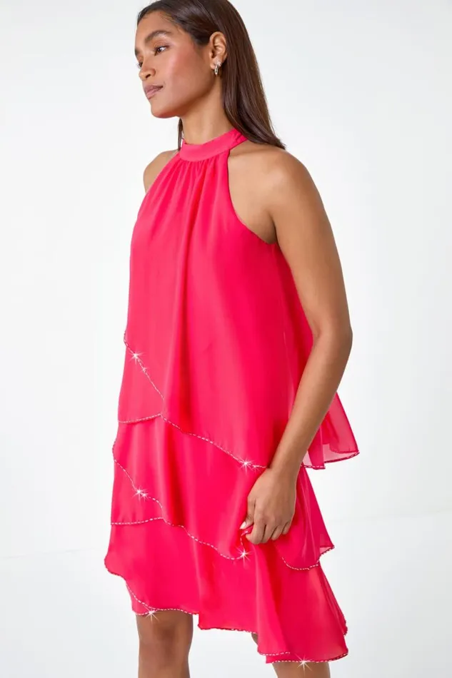 Coral Sequin Trim Tiered Halterneck Dress Women Roman Dresses