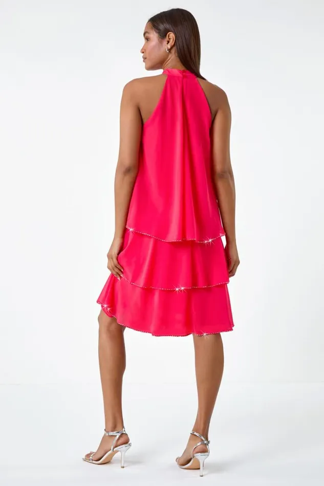 Coral Sequin Trim Tiered Halterneck Dress Women Roman Dresses