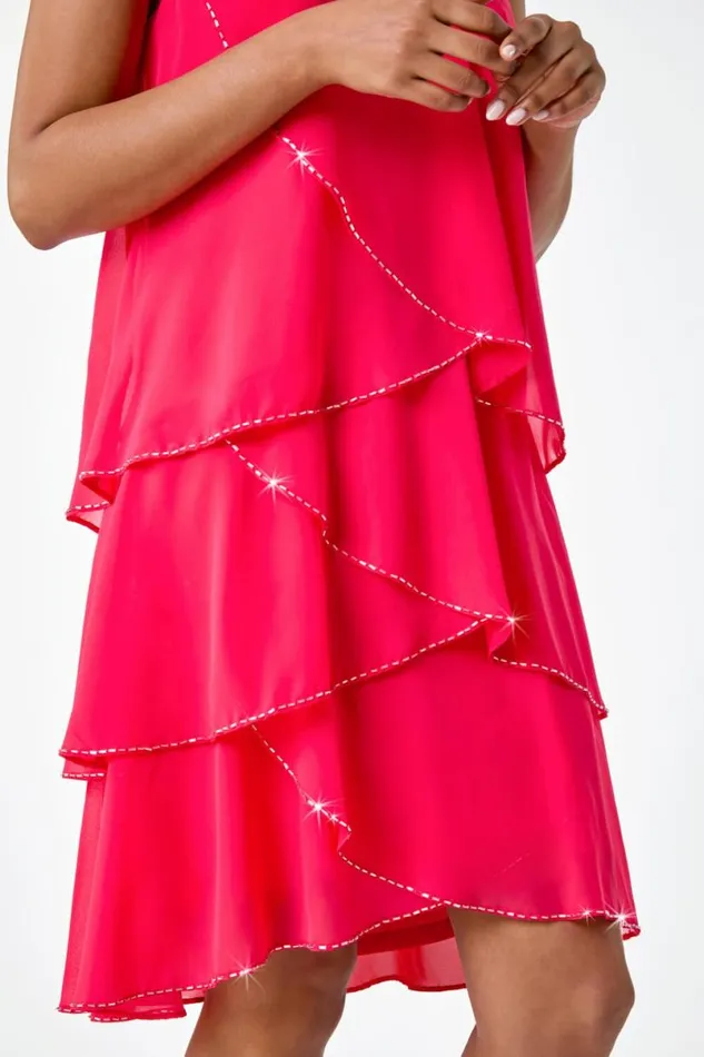 Coral Sequin Trim Tiered Halterneck Dress Women Roman Dresses