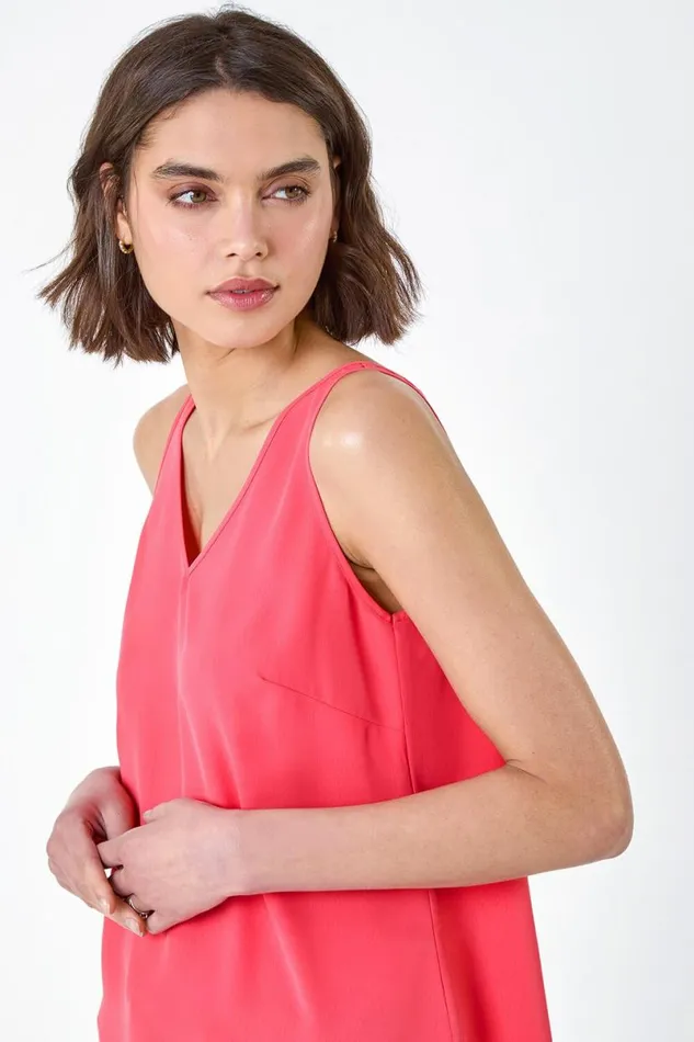 Coral VNeck Sleeveless Vest Top Women Roman Tops