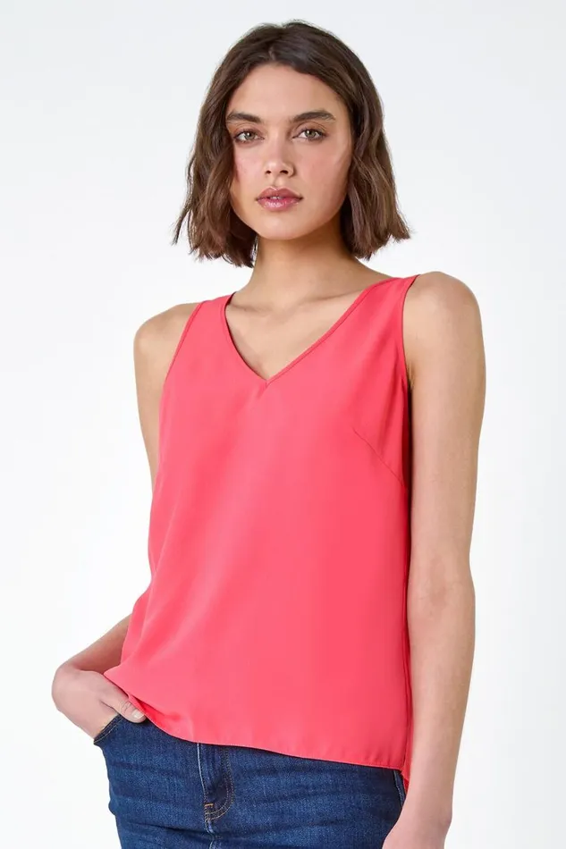 Coral VNeck Sleeveless Vest Top Women Roman Tops