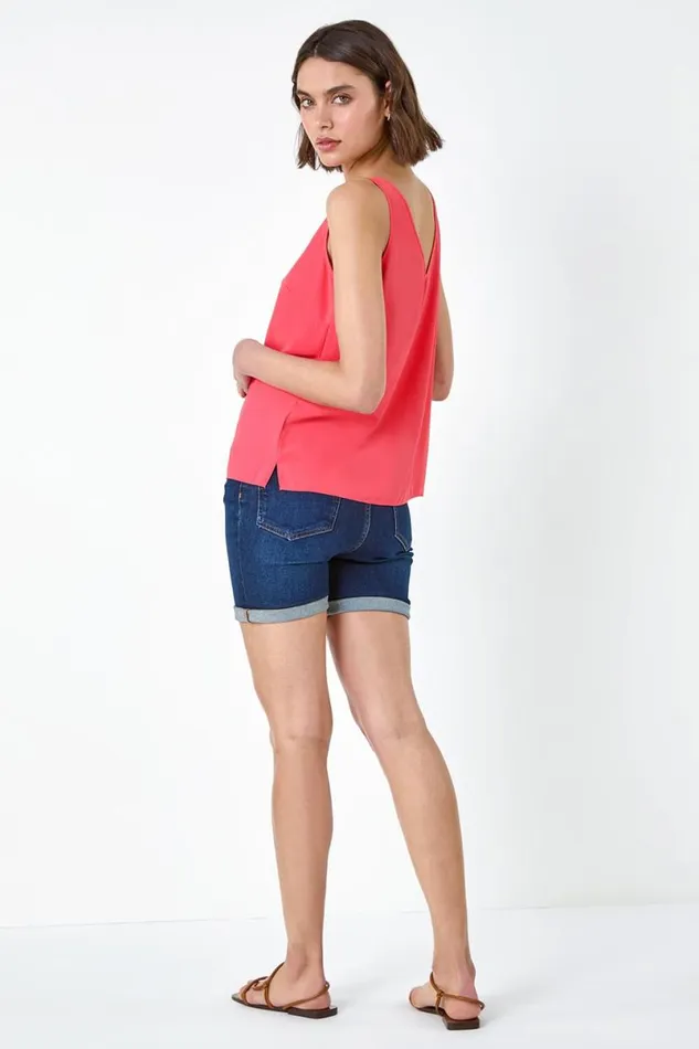 Coral VNeck Sleeveless Vest Top Women Roman Tops