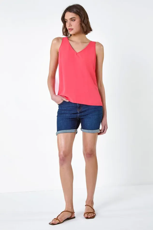 Coral VNeck Sleeveless Vest Top Women Roman Tops