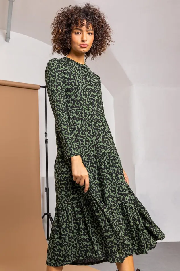 Dark Green Animal Jersey Tiered Midi Dress Women Roman Dresses