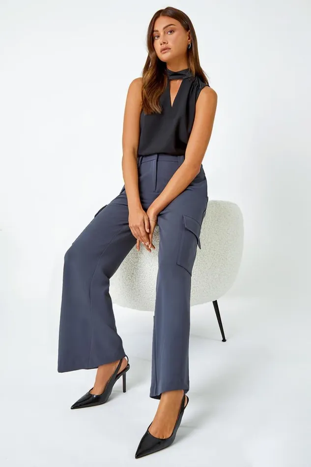 Dark Grey Smart Wide Leg Cargo Stretch Trouser Women Roman Occasionwear