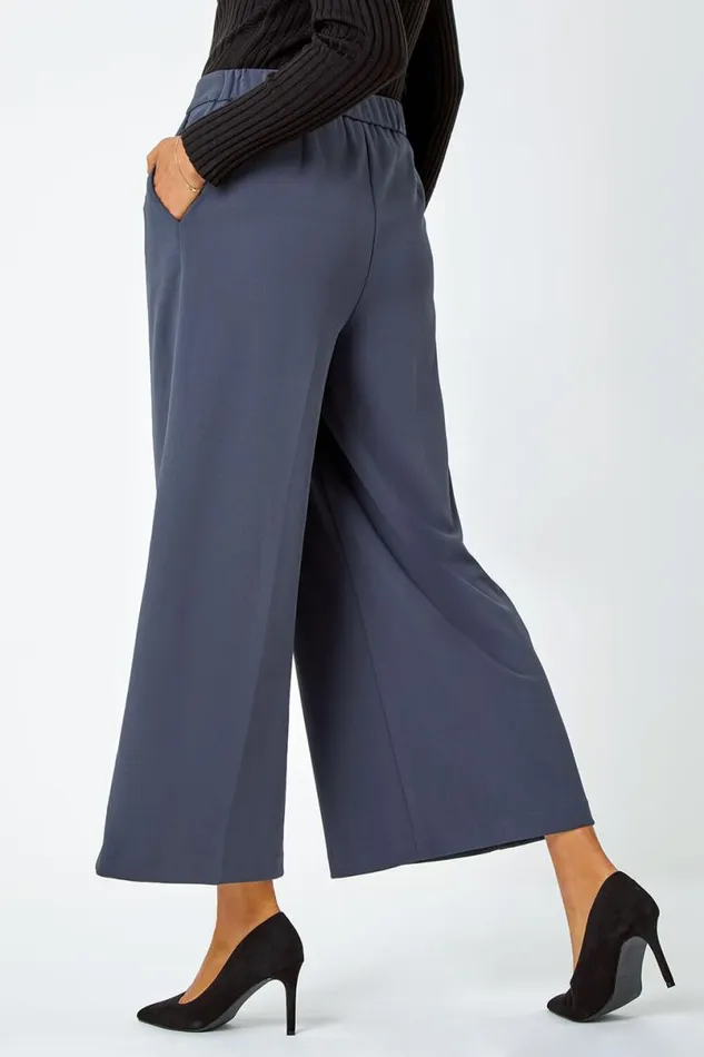 Dark Grey Wide Leg Stretch Culottes Women Roman Trousers