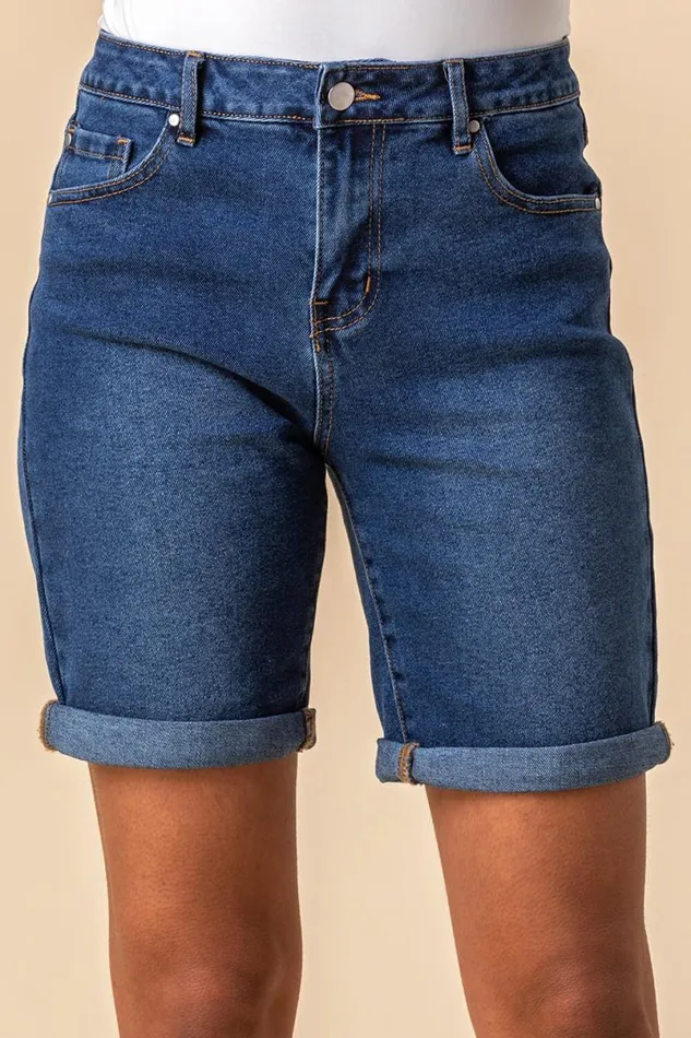 Denim Turned Hem Denim Stretch Shorts Women Roman Shorts