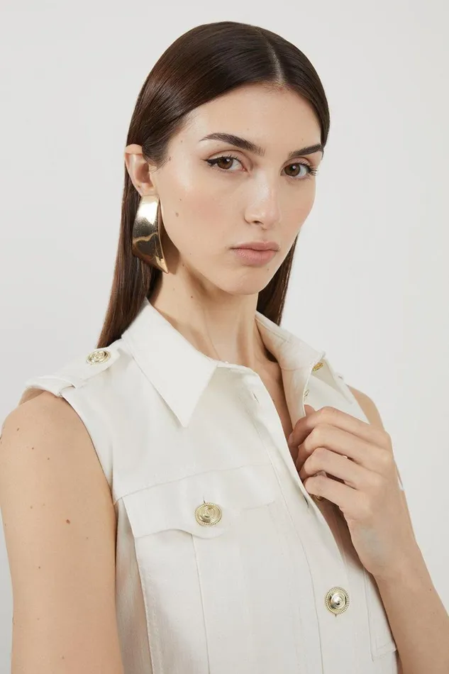 Denim Women Karen Millen Tailored Denim Cargo Pocket Belted Midi Shirt Dress Ivory
