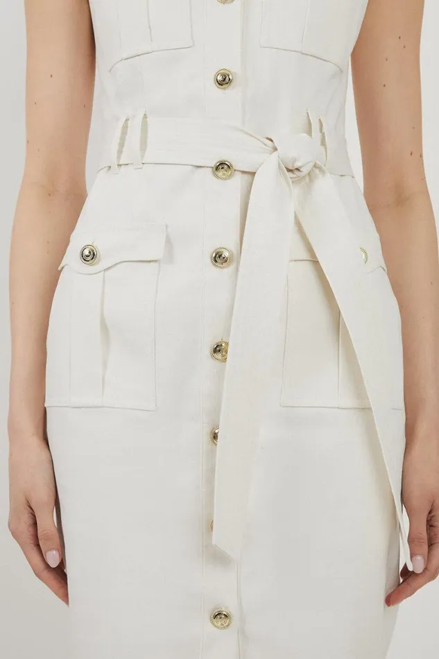 Denim Women Karen Millen Tailored Denim Cargo Pocket Belted Midi Shirt Dress Ivory