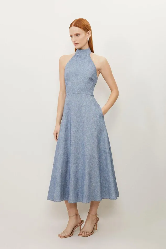 Denim Women Karen Millen Tailored Denim Look Linen Strappy Full Skirted Midi Dress Blue Denim Women Karen Millen Tailored Denim Look Linen Strappy Full Skirted Midi Dress Blue