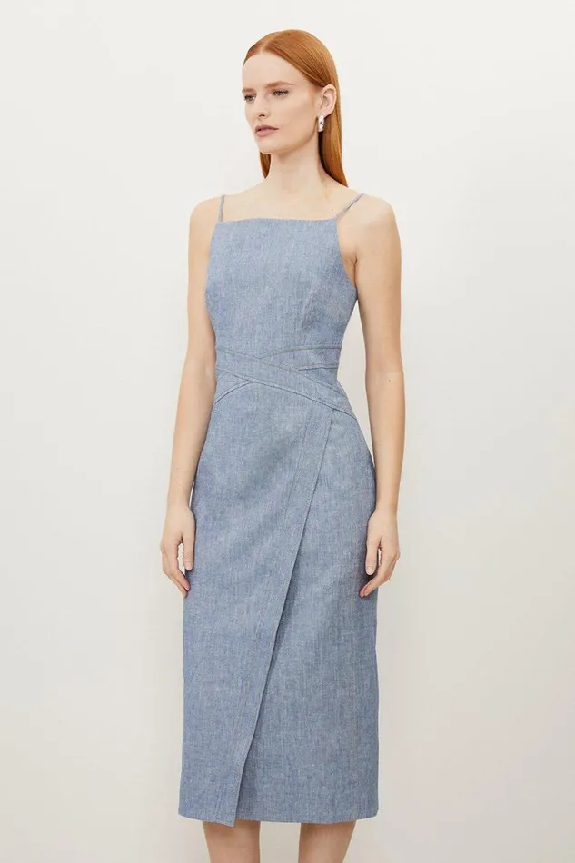 Denim Women Karen Millen Tall Tailored Denim Look Linen Strappy Pencil Midi Dress Blue Denim Women Karen Millen Tall Tailored Denim Look Linen Strappy Pencil Midi Dress Blue