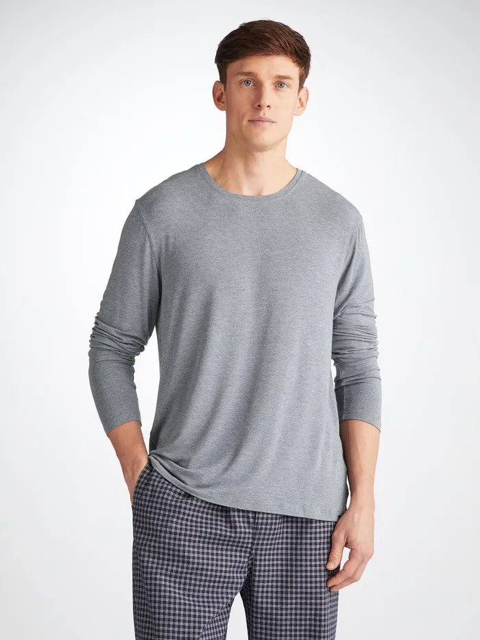 Derek Rose Long Sleeve TShirt Marlowe Micro Modal Stretch Charcoal Men Long Sleeve TShirts