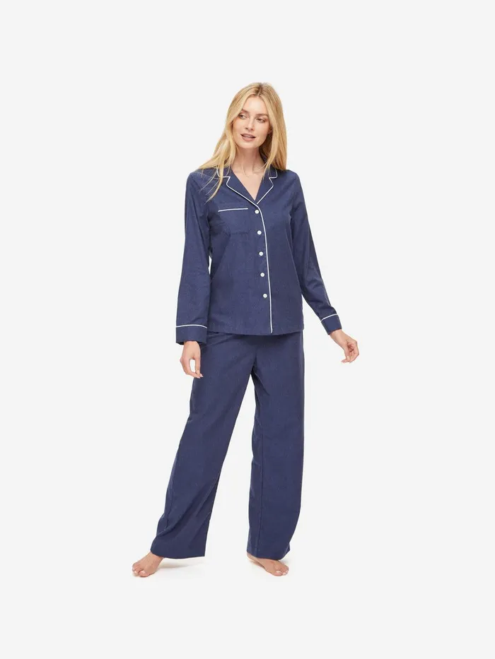Derek Rose Pajamas Balmoral 3 Brushed Cotton Navy Women Cotton Pajamas