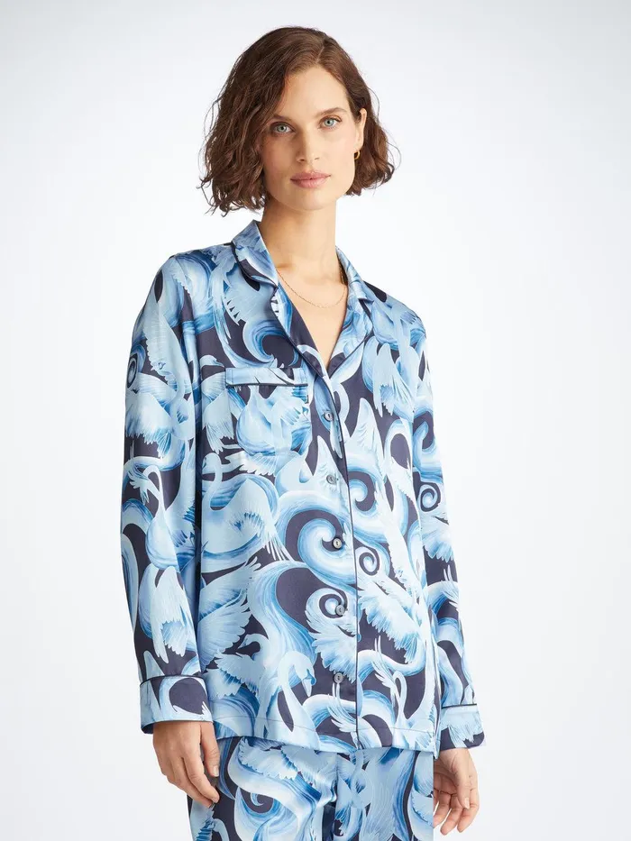 Derek Rose Pajamas Brindisi 104 Silk Satin Navy Women Long Pajamas