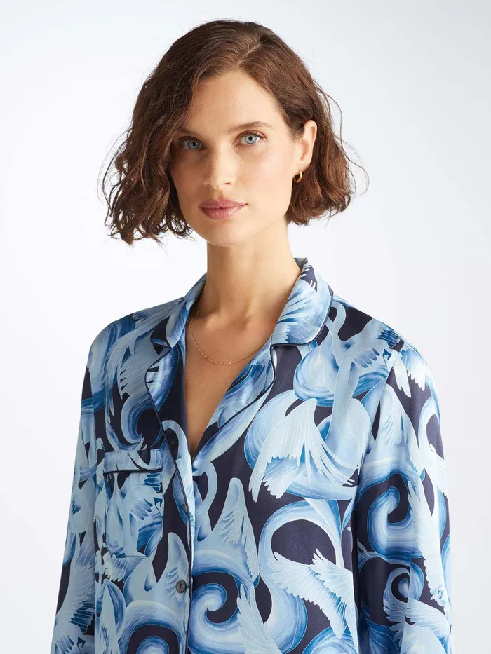 Derek Rose Pajamas Brindisi 104 Silk Satin Navy Women Long Pajamas