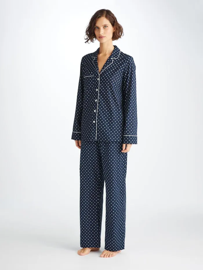 Derek Rose Pajamas Plaza 60 Cotton Batiste Navy Women Long Pajamas