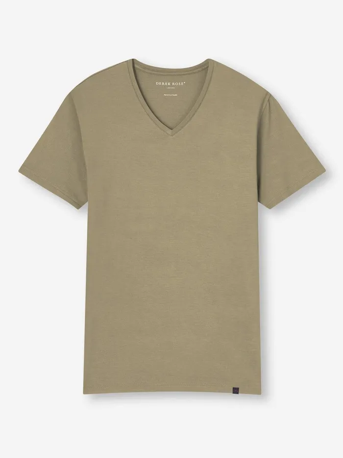 Derek Rose VNeck TShirt Basel Micro Modal Stretch Khaki Men Short Sleeve TShirts
