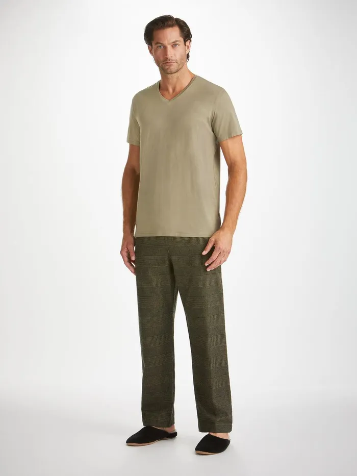 Derek Rose VNeck TShirt Basel Micro Modal Stretch Khaki Men Short Sleeve TShirts